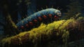 Sci-fi Forest Painting: Black Acorn Caterpillar In Hyper-realistic Style