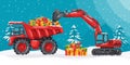 Caterpillar excavator loading Christmas gifts to a mining truck. Christmas winter landscape with snow. Celebrating the beginning