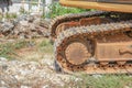 Caterpillar of the excavator. Working outdoor Construction heavy