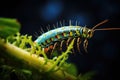 A caterpillar gliding along a branch on a blurred background