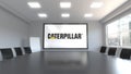 Caterpillar Inc. logo on the screen in a meeting room. Editorial 3D rendering