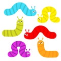 Caterpillar set. Insect icon. Cute crawling bug. Cartoon funny kawaii baby animal character. Smiling face. Colorful bright green Royalty Free Stock Photo