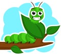 A caterpillar smiles and eats a green leaf on a white. Character Royalty Free Stock Photo