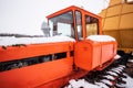 Caterpillar tractor DT-75B and mechanical peat collecting machine MTF-43 Royalty Free Stock Photo