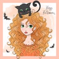 Hand drawn beautiful cute Halloween girl witch with black cat. Royalty Free Stock Photo