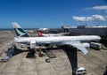 Cathay Pacific Airways aircraft on tarmac at the Auckland International Airport Royalty Free Stock Photo