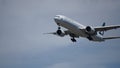 Cathay Pacific Boeing 777 Prepares for Landing at Chicago O`Hare International Airport. Royalty Free Stock Photo