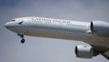 Cathay Pacific Boeing 777 Prepares for Landing at Chicago O`Hare International Airport. Royalty Free Stock Photo