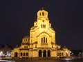 Cathedral of Alexander Nevsky at night, main cathedral of capital of Bulgaria, Sofia, Bulgaria. Royalty Free Stock Photo