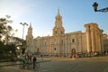 Cathedral of Arequipa on the Lively Plaza de Armas Square in the Evening, Arequipa, Peru