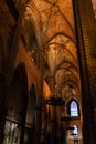 The Cathedral of Barcelona, detail of the lateral nave in typical gothic style with elegant side niches. Barri Gotic, Barcelona