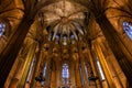 The Cathedral of Barcelona, detail of the lightful choir in typical gothic style with elegant glass windows. Barri Gotic,