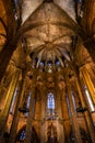 The Cathedral of Barcelona, detail of the lightful choir in typical gothic style with elegant glass windows. Barri Gotic,