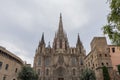 The Cathedral of Barcelona, detail of the main facade in typical gothic style with stone friezes and gargoyles. Barri Gotic,