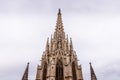 The Cathedral of Barcelona, detail of the main spire in typical gothic style with stone friezes and gargoyles. Barri Gotic,