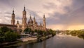 Cathedral Basilica of Our Lady of Pillar and Ebro river at sunset of Zaragoza