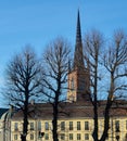 Cathedral behind trees, silhouettes and morning sun. Royalty Free Stock Photo