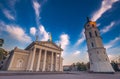 Cathedral with Bell Tower and Gediminas statue Square in Vilnius in the evening, Lithuania Royalty Free Stock Photo
