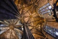 Cathedral ceiling with columns and stained glass windows