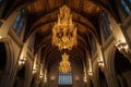 cathedral ceiling with golden chandeliers hanging