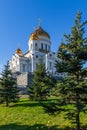 Cathedral of Christ the Savior. Park area in autumn sunny weather. Royalty Free Stock Photo