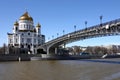 Cathedral of Christ the Savior and the Patriarchal Bridge across the Moskva River on a sunny day Royalty Free Stock Photo