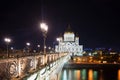 Cathedral of Christ the Savior and Patriarchal bridge. September night. Moscow Royalty Free Stock Photo