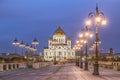 The Cathedral of Christ the Savior from the side of the Patriarchal bridge with lights included Royalty Free Stock Photo