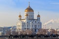 Cathedral of Christ the Saviour in Moscow on a sunny winter day. View from Bol`shoy Kamenny bridge Royalty Free Stock Photo