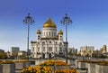 Cathedral of Christ the Saviour and Patriarchal bridge on a sunny autumn day, Moscow