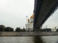 Cathedral of Christ the Saviour and Patriarchal bridge. Walk on the river Moscow. Moscow, Russia Royalty Free Stock Photo