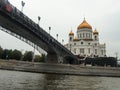 Cathedral of Christ the Saviour and Patriarchal bridge. Walk on the river Moscow. Moscow, Russia Royalty Free Stock Photo