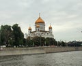 Cathedral of Christ the Saviour and Patriarchal bridge. Walk on the river Moscow. Moscow, Russia Royalty Free Stock Photo