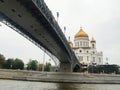 Cathedral of Christ the Saviour and Patriarchal bridge. Walk on the river Moscow. Moscow, Russia Royalty Free Stock Photo