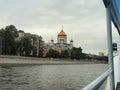 Cathedral of Christ the Saviour and Patriarchal bridge. Walk on the river Moscow. Moscow, Russia Royalty Free Stock Photo