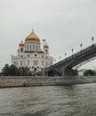 Cathedral of Christ the Saviour and Patriarchal bridge. Walk on the river Moscow. Moscow, Russia Royalty Free Stock Photo