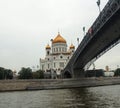 Cathedral of Christ the Saviour and Patriarchal bridge. Walk on the river Moscow. Moscow, Russia Royalty Free Stock Photo