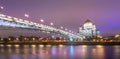 The Cathedral of Christ the Saviour or Savior and Patriarchal pedestrian bridge in Moscow, Russia at night Royalty Free Stock Photo