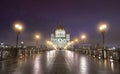 The Cathedral of Christ the Saviour or Savior and Patriarchal pedestrian bridge in Moscow, Russia at night Royalty Free Stock Photo