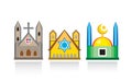 Cathedral church, Jewish synagogue, Islamic mosque. Religious temples, architectural structures