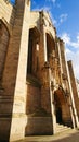 close up of the exterior of the facade of Leeds Cathedral Church of St Anne under sunlight and blue sky