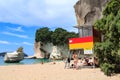 Lifeguard station and Smiling Sphinx Rock, Cathedral Cove, New Zealand