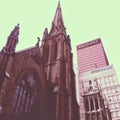 The cathedral in downtown Pittsburgh amazing gothic structure umongst the urban cityscape. Vintage collection.