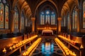 Cathedral Interior Bathed in the Warm Glow of Candles During a Religious Ceremony with Intricately Carved Details