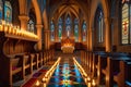 Cathedral Interior Bathed in the Warm Glow of Candles During a Religious Ceremony with Intricately Carved Details