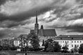 Cathedral Island in Wroclaw Poland with view on of St John the Baptist picturesque panorama medieval town. Black and white