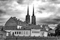 Cathedral Island in Wroclaw Poland with view on of St John the Baptist picturesque panorama medieval town. Black and white Royalty Free Stock Photo