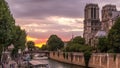 Cathedral Notre Dame de Paris day to night timelapse after sunset in Paris, France. Royalty Free Stock Photo