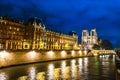 Cathedral Notre Dame de Paris at night by the river Seine Royalty Free Stock Photo