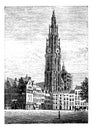 Cathedral of Our Lady, in Antwerp, Belgium, vintage engraving